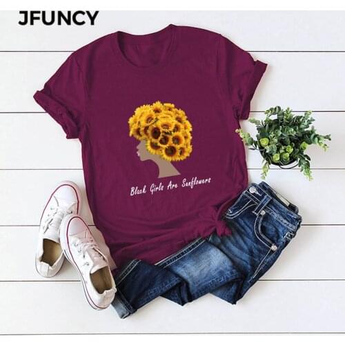JFUNCY Summer Women Loose T-shirt Sunflower Girl Graphic Plus Size Cartoon Harajuku Tshirt Female Casual Tee Tops Cotton Shirts