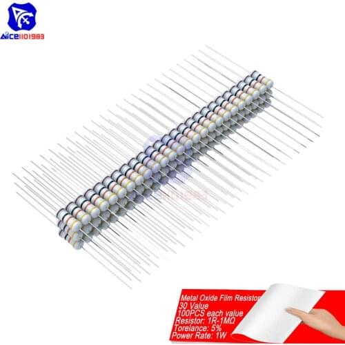 100PCS Metal Oxide Film Resistor 5% 1W 1R-1MΩ 1R 4.7R 10R 100R 220R 1K 2.2K 4.7K 6.8K 10K 22K 47K 100K 470K 1MΩ Ohm Resistance