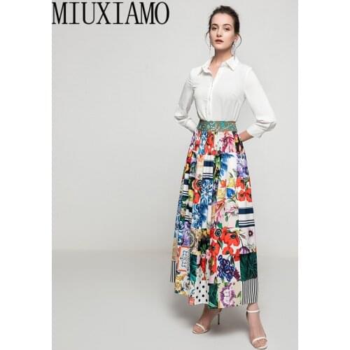 MIUXIMAO 2021 Spring New Fashion Women Sets Party Office White Shirt Flower Print Patchwork Long Dress Vacation Two-Piece Suit
