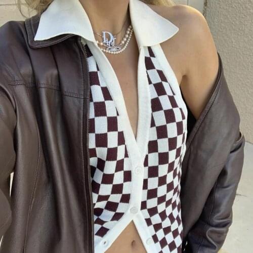 Fashion crop tops women 2021 Summer vintage clothes for women sexy halter top plaid tank top button up brown top knit