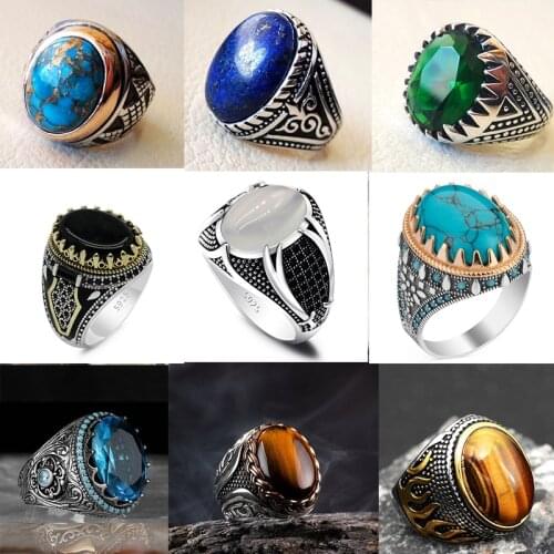 Punk Big Dark Yellow Stone Ring for Men Vintage Jewelry Ancient Black Silver Color Two Tone Carved Metal Oval Zircon Finger Ring