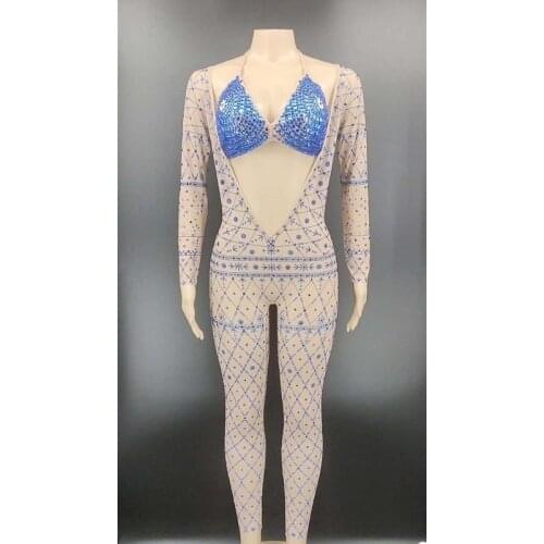 New Design Silver Rhinestones Nude Jumpsuit Sexy Performance Bodysuit Female Singer Rompers Wear Dance Wear Party Outfits