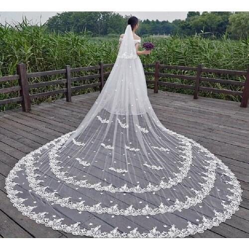 New Luxury Wedding Veils White Ivory 4M Long 2M Wide Lace Solid Flower Cathedral Bridal Veils Accessories With Comb Real Photos