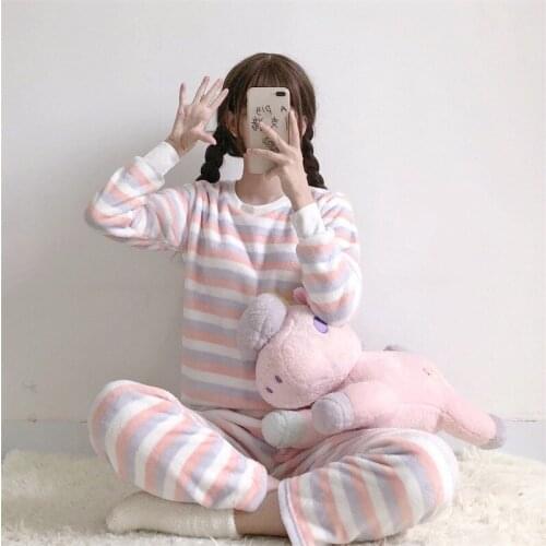 Pajamas womens new flannel nightwear sweet top + sleep pants two-piece home service suit simple Korean version bathrobe пижама