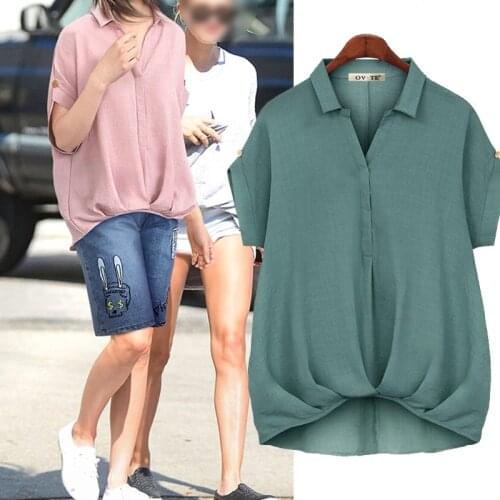 Casual Loose Tops Summer Tops T shirts Blusas Short Sleeve Turn-down Collar Shirt Solid Color Plus Size Women Blouses femininas