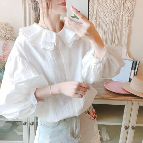 ZHOUTAYLOR Women Shirts Peter Pan Collar Tops Femme Office Lady Straight Single Breasted Lantern Sleeve Autumn Blouses Female