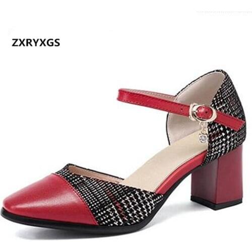 2019 New Square Head Spell Color Summer Sandals Female Shoes Genuine Leather Sandals High Heels Thick with Women Fashion Sandals