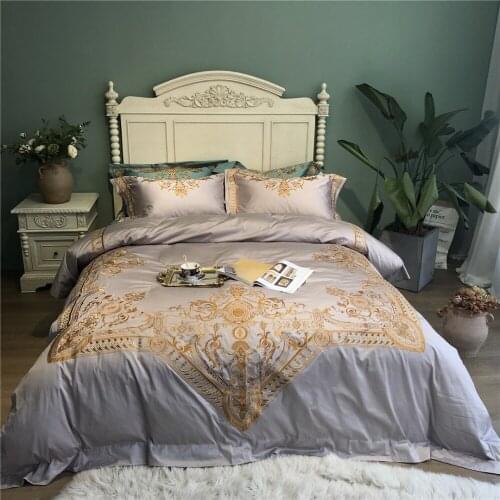 Grey luxury Embroidered 120S Egyeptian cotton Royal Bedding sets Queen King Wedding Duvet cover Bed sheet set Pillowcases 4pcs
