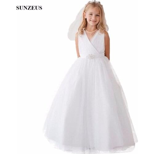 A-line V-neck Sleeveless Flower Girl Dress For Weddings Simple Floor Length Long White Party Gowns For Children FLG019