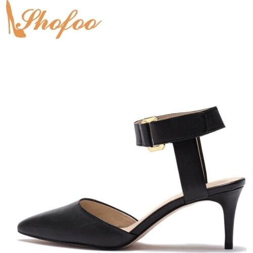 Black Stilettos Pumps Woman High Thin Heels Pointed Toe Large Size 15 16 Ladies Fashion Ankle Buckle Strap Office Shoes Shofoo