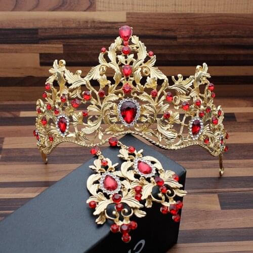 Vintage Baroque Head Jewelry Diamante Bridal Diadem Huge Wedding Tiara Red Green Crystal King And Queen Crowns For Prom Pageant