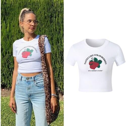 90s Vintage Cute Casual Sweet Summer Strawberry Graphics Letter Print Crop Top Y2K Harajuku Streetwear kawaii Slim Women T-Shirt
