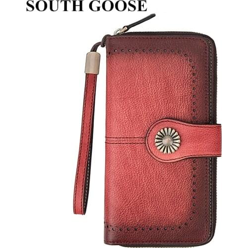 SOUTH GOOSE Fashion Genuine Leather Wallets Women Long Zipper&Hasp Purse Men Large Business Wallet Multi-Card Holder Phone Bag