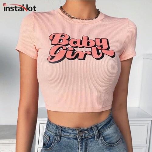 InstaHot letter printed T shirt women short sleeve crop top slim cotton o neck summer casual streetwear t shirt 2020 tee top