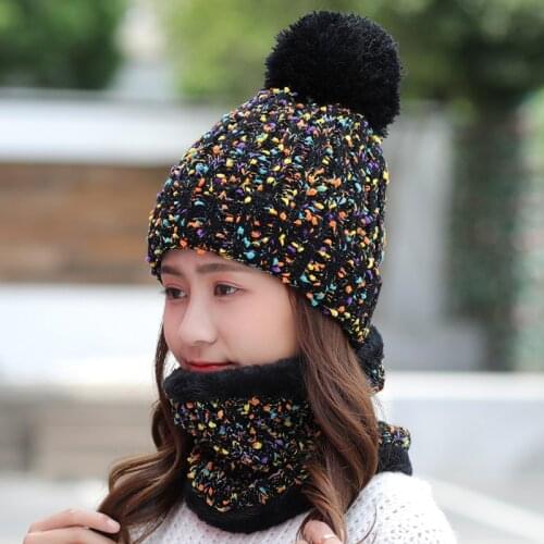 Women Wool Knitted Hat Ski Hat Sets For Female Windproof Winter Outdoor Knit Warm Thick Siamese Scarf Collar Warm Hat Girl Gift