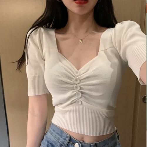 Vintage Puff Short Sleeve V-neck Knitted T-shirts Buttons Girls Solid Stretchy Crop Tops Thin Knitwear Women 2020 Harajuku