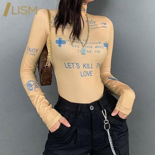 LISM Sexy Letter Printing One Piece Outfit Turtleneck Bodycon Bodysuit Long Sleeve Buttons Rompers Womens Club Outfits Romper