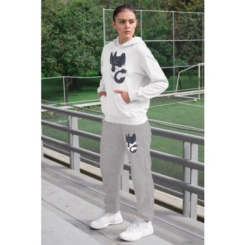 Angemiel Wear Baby Dragon Women Tracksuit Set White Hooded Sweatshirt Gray Sweatpants