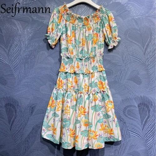 Seifrmann New 2021 Summer Women Fashion Runway Party Mini Dress Sexy Slash neck Elastic Waist Ruffles Floral Print A-Line Dress