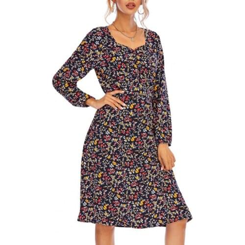 Elegant Women Dress Floral Print V Neck Summer Long Sleeve Waist Tied Dress for Dating Vintage Loose Chiffon Party Dress Women