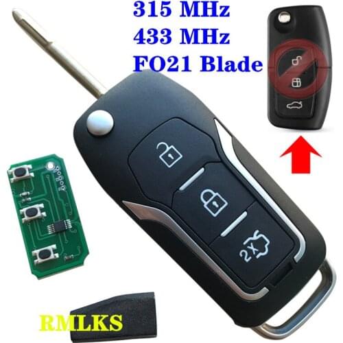 3 Buttons Flip Remote Car Key For Ford Fusion Focus Mondeo Fiesta Galaxy Fob FO21 Blade Modified 3 Buttons 433Mhz 315MhWith Chip