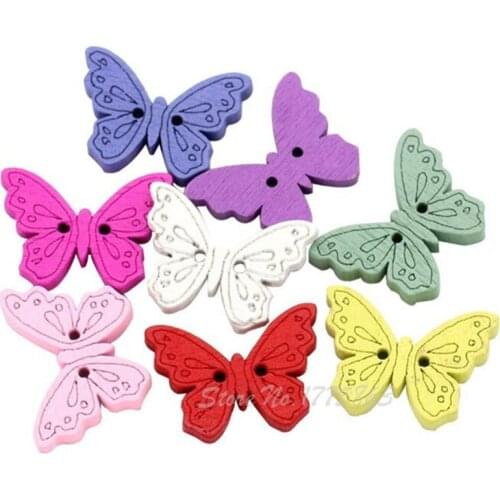 50 Pcs 25mm Multicoloured Butterfly Shaped 2 Hole Wooden Buttons , for Sewing, Scrapbooking Crafts , 7NK82