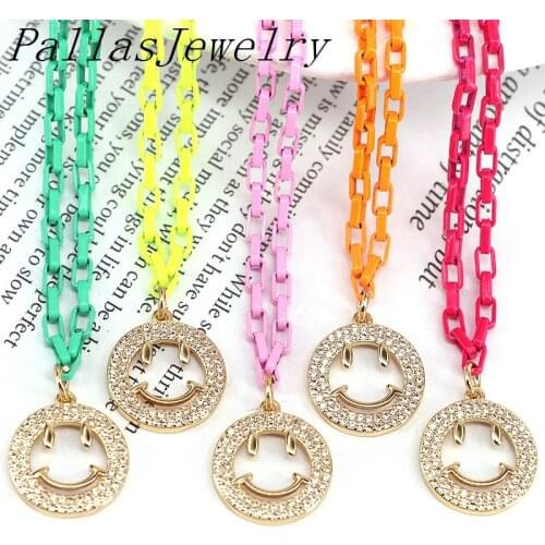 5Pcs Trendy Colorful Enamel Link Chain Crystal Heart Lock Smilely Face Charm Pendant Necklace For Women Choker Party Gift