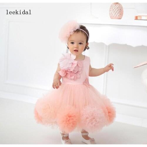Infant Baby Pink Flower Girl Dresses Flower Sleeveless Appliqued Girl Pageant Dress Tiered Tulle Satin Christening Gown Custom