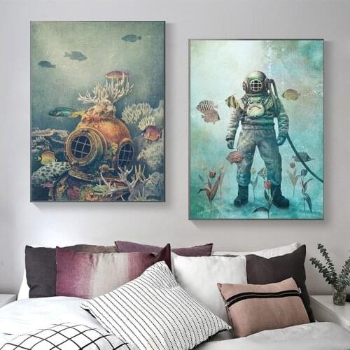 Deep Sea Divers Underwater World Whale Retro on Canvas Painting Wall Art Poster and Prints Wall Art Pictures for Living Room