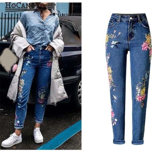 HCYO Women Embroidery Jeans High Waist Slim Straight Jeans Trousers Plus Size Womens Casual Inelastic Cotton Denim Pants Jeans