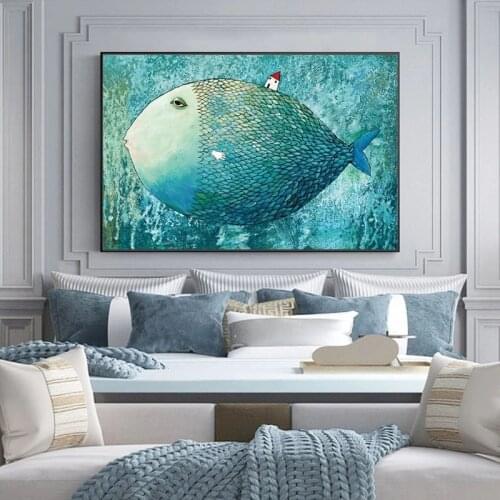 Handmade Small House on The Big Fish oil Painting on Canvas artwork Picture for Living Room bedroom kids room wall decoration