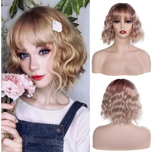 Short Curly BOB Wig Blonde Cute Water Wave Synthetic Hair Wigs For Women Heat Resistant Fiber Cosplay Wig