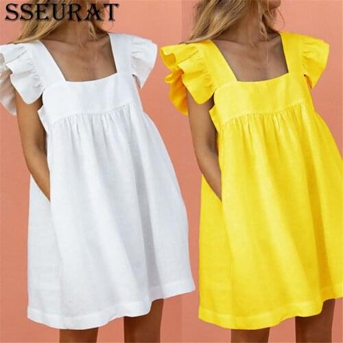 SSEURAT Women Ruffled Mini Dress Summer Cute Square Collar Elegant Butterfly Sleeve Beach Party Female Dresses Vestidos