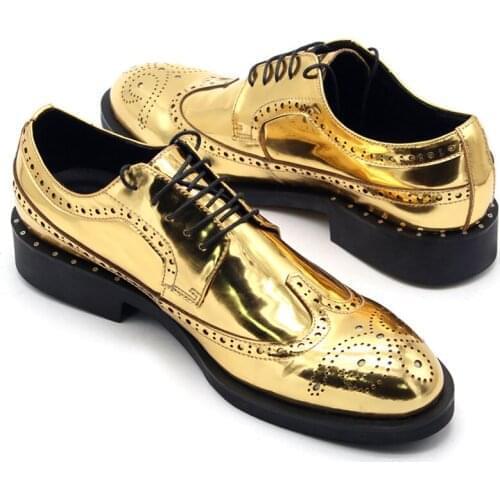 Runway Golden Mens Wedding Dress Shoes Lace Up Wing Tip Brogue Shoes Top Quality Leather Block Heels Office Party Formal Sapatos