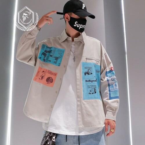 Men Fashion Loose Print Casual Patchwork Hip HopShirt