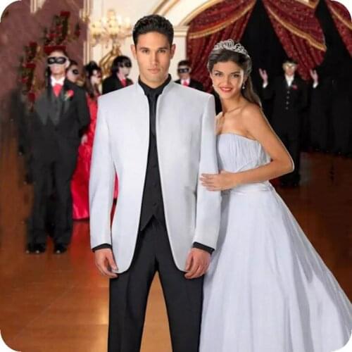 Latest Coat Pant Design Men Suit Slim Fit White Stand Collar Smoking Jacket Tuxedo Groom Wedding Suits For Men Prom Party Blazer