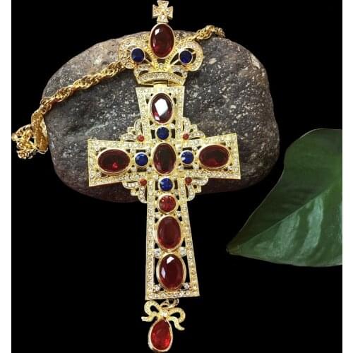 Pectoral Cross Necklace Red Zircons Crystals Orthodox Church Christian Golden Priest Crucifix Jewelry Long Chain Religious Craft