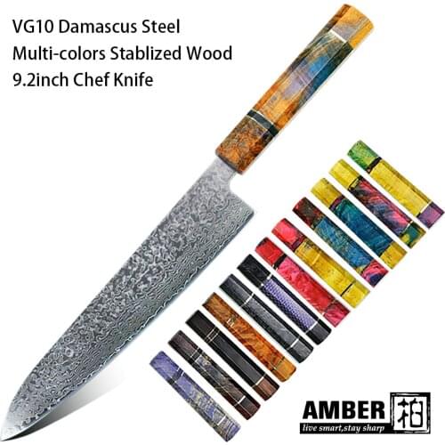 Amber 9.2" Damascus Chef Knife Japanese VG10 Damascus Steel Cleaver Gyuto Knives Sharp with Multi-colors Stablized Wood Handle