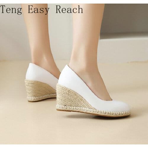 Spring Autumn Office Career Round Toe Simple Plain Womens Shoes Handmade Platform Wedges High Heels Espadrilles Pumps