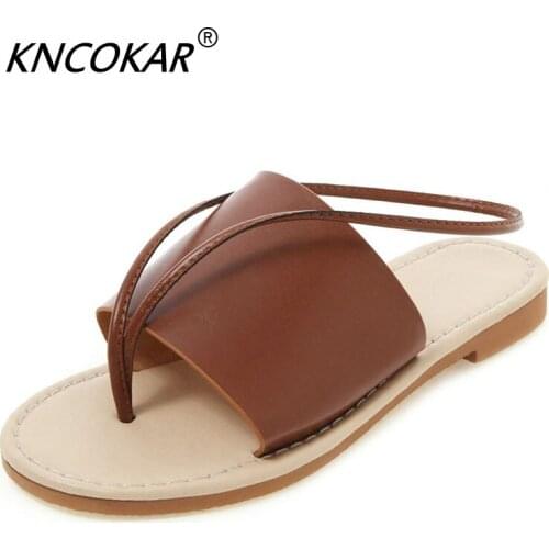 KNCOKAR Summer New Style Individuality Strap Sandals Slippers Two Wear Retro Flat Womens Shoes Large size 34-43