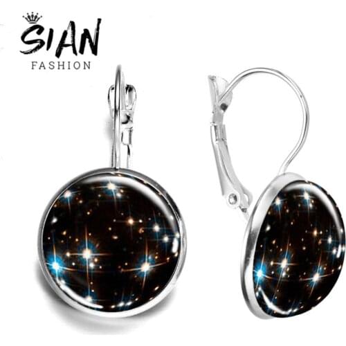 SIAN Shining Star Charm Earrings Universe Nebula Planet Art Photo Glass Round Dome French Hook Earring New Style Galaxy Souvenir