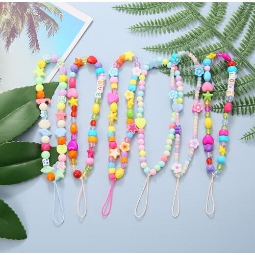 Cute Beads Chain For Cell Phone Mobile Lanyard Smile Chain Letter String Hanging Korean Fashion Phone Beaded Wrist Strap whosale