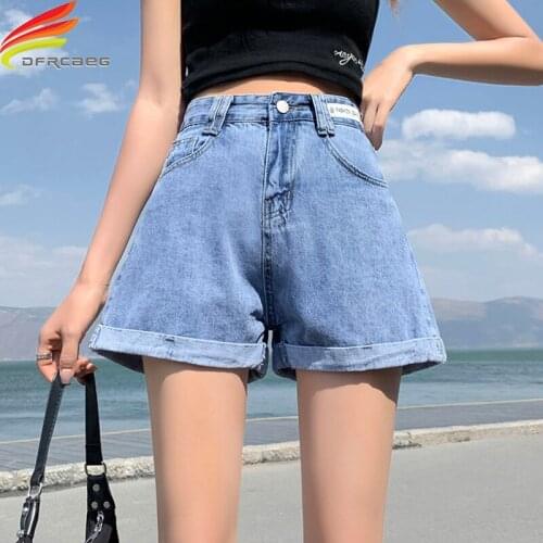 Summer 2021 New Womens Denim Shorts Letter Print Wide Leg Loose Crimping Sky Blue Street Style High Waist Jean Shorts Female