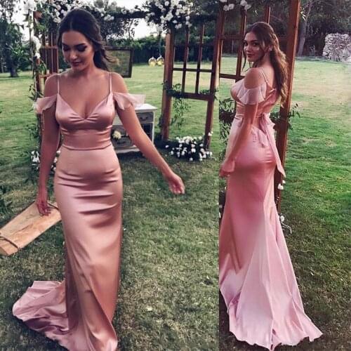 Elegant Simple Cheap Summer Deep V Neck Spaghetti Straps Pink Satin Women Wedding Guest Dress Evening Dresses