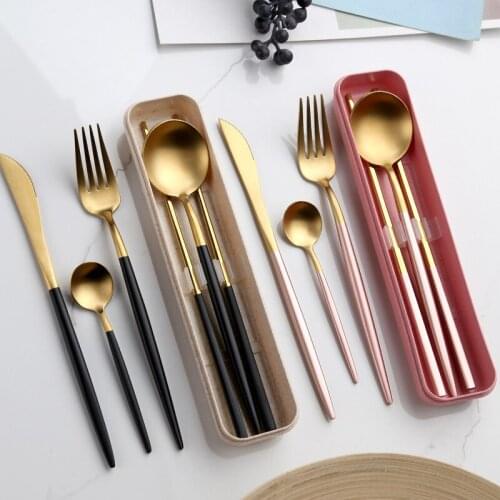 2/3Pcs Dinnerware Stainless Steel Fork Spoon Chopsticks Tableware Picnic School Travel Cutlery Set Kitchen Accessories with Box