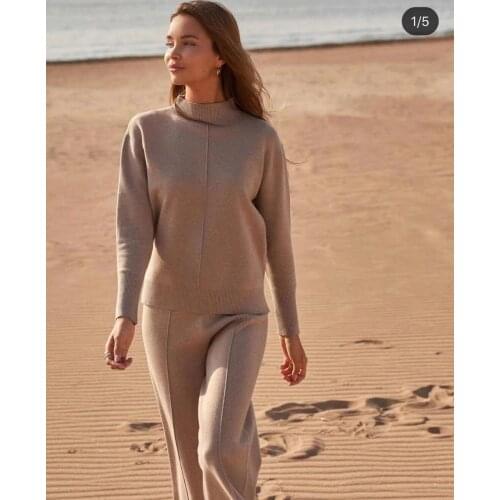 2021 new women 's suit knitted cashmere turtleneck loose lazy sweater and thick wide - legs pants 2 - piece set