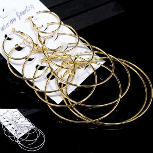 6 Pairs/Set! Oversize Big Circle Hoop Earring Set For Women Simple Style Round Earrings Party Jewelry