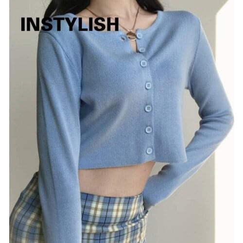 Elegant Long Sleeve Button Knitting Coat Korean Slim Cardigan Autumn Casual Long Sleeve Thin Cropped Sweater Jacket Harajuku Top