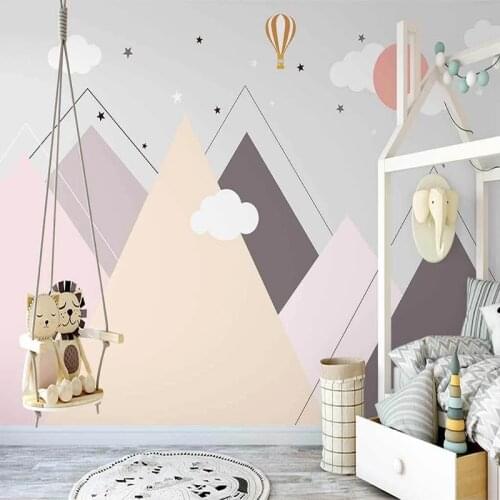Custom Photo Mural Hand Painted White Clouds Stars Mountain Hot Air Balloon Children Room Kids Room Bedroom 3D Wallpaper Murals