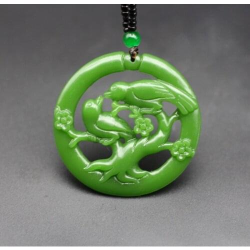 Natural Green Jade Magpie Pendant Necklace Beads Chinese Double-sided Hollow Carved Charm Jewelry Fashion Amulet Men Women Gifts